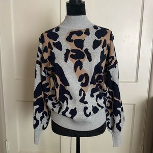 Ted Baker Sweater Leopard Print Gray Crew Neck Ribbed Neck Cuffs New No Tags